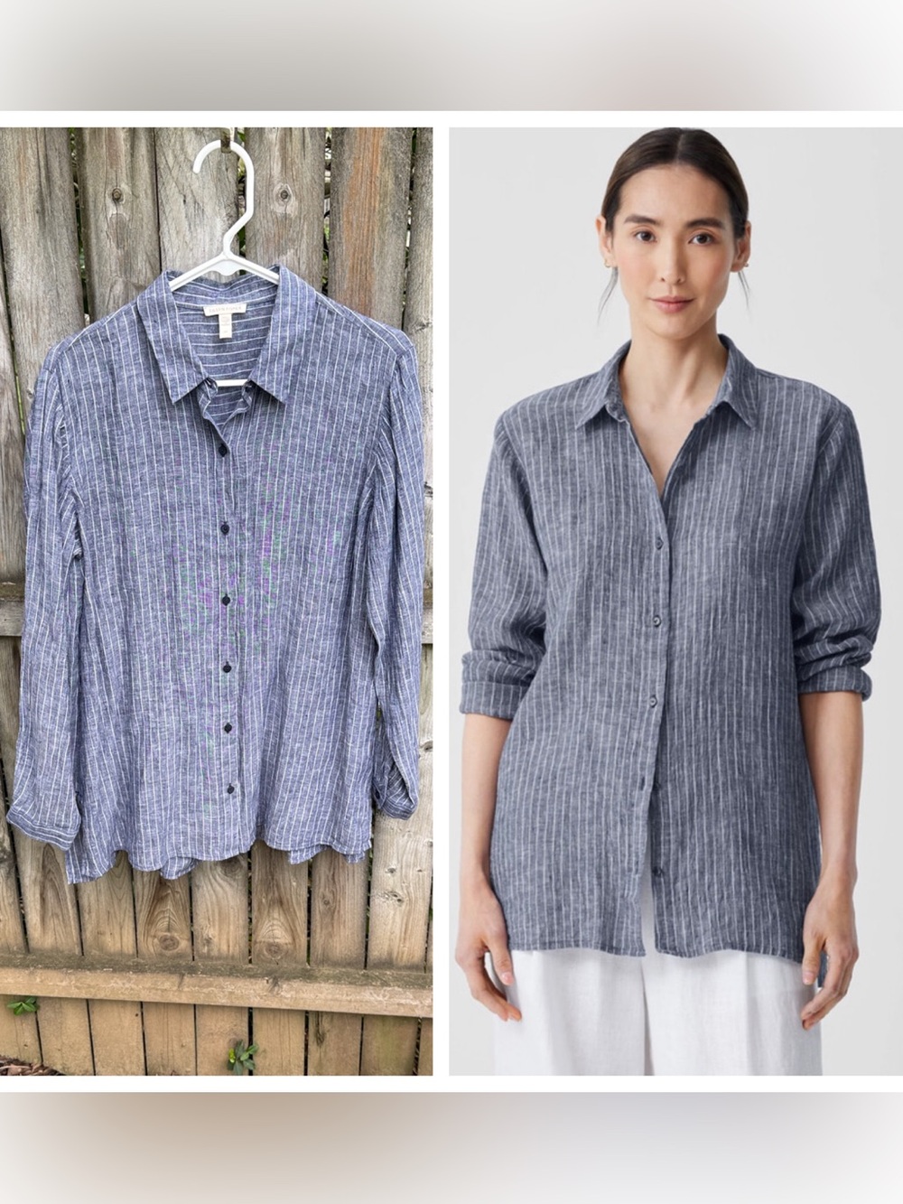 Eileen Fisher Puckered Organic Linen Classic Collar Long Shirt Easy Fit Ocean S